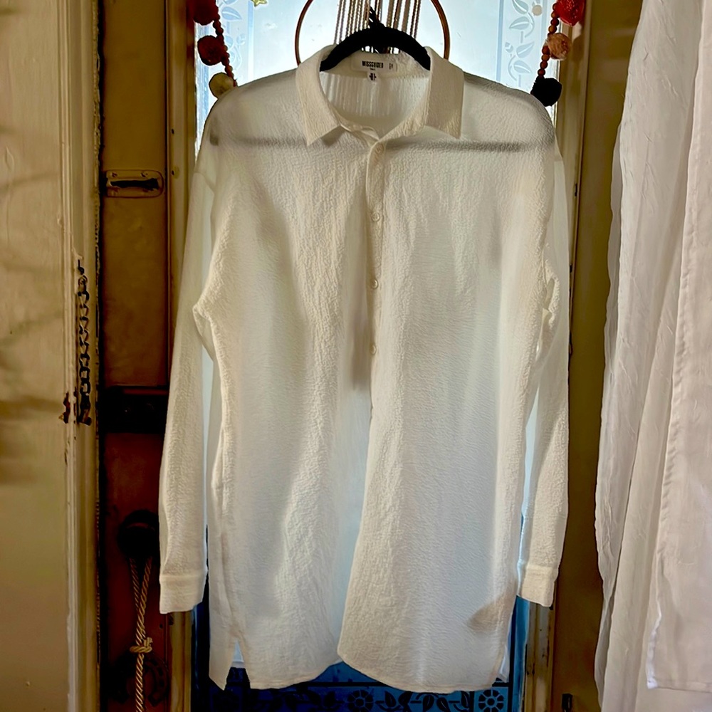 Missguided long sleeve light weight crinkle textured button down shirt.